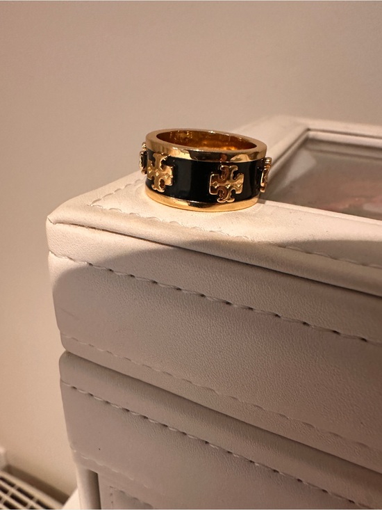 Tory Burch Jewelry - Tory Burch Black Enamel and Gold Logo Ring